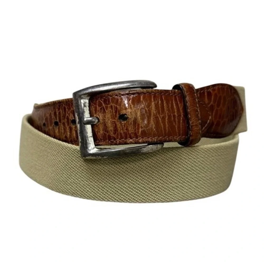 Trafalgar Mens Woven Elastic Belt Brown Leather Croc Embossed Tan Made in USA